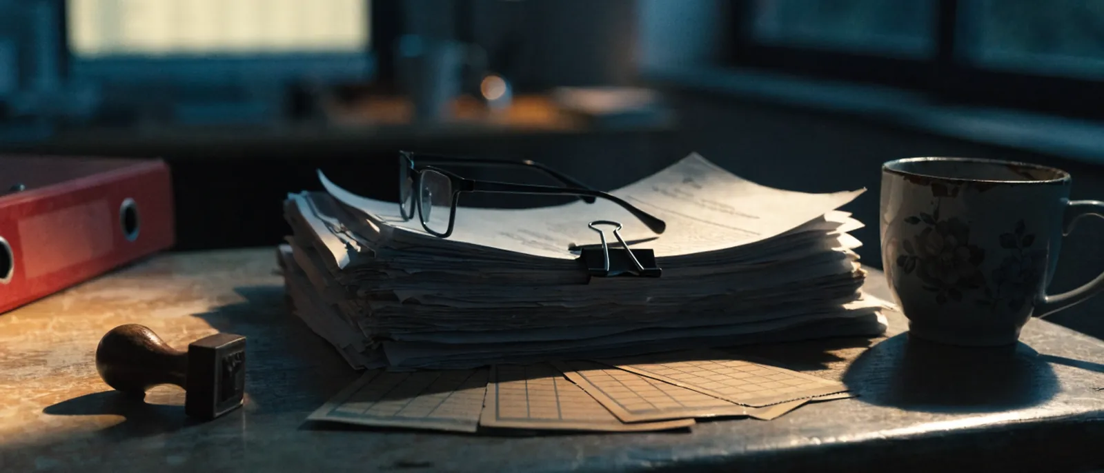 Stos papierowych wniosków spięty klipsem na biurku w sekretariacie, obok pieczątka, segregator i kubek; w tle rozmyty arkusz kalkulacyjny na monitorze.