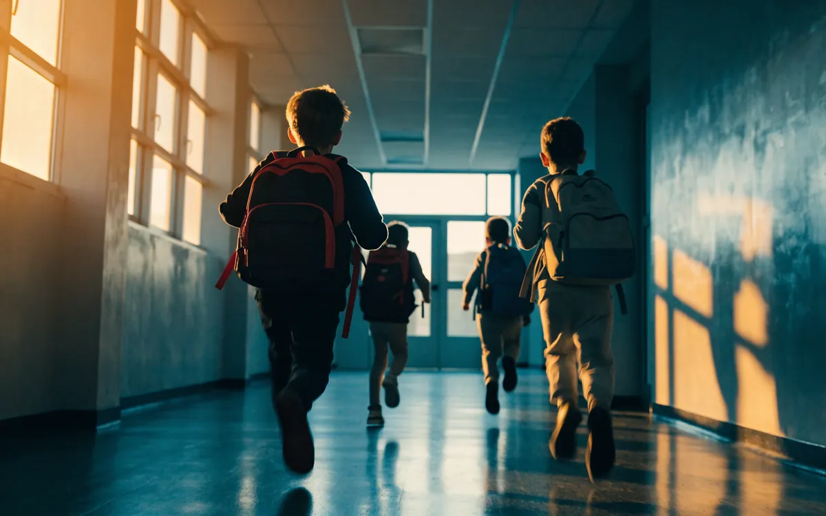 Uczniowie z plecakami biegną szkolnym korytarzem w stronę drzwi, pod światło.