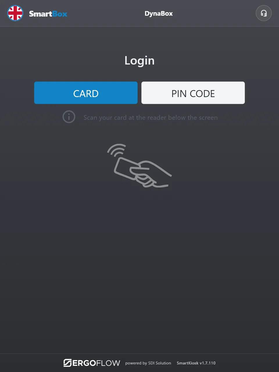 SmartBox kiosk screen: Login — scan your badge at the reader below the screen.
