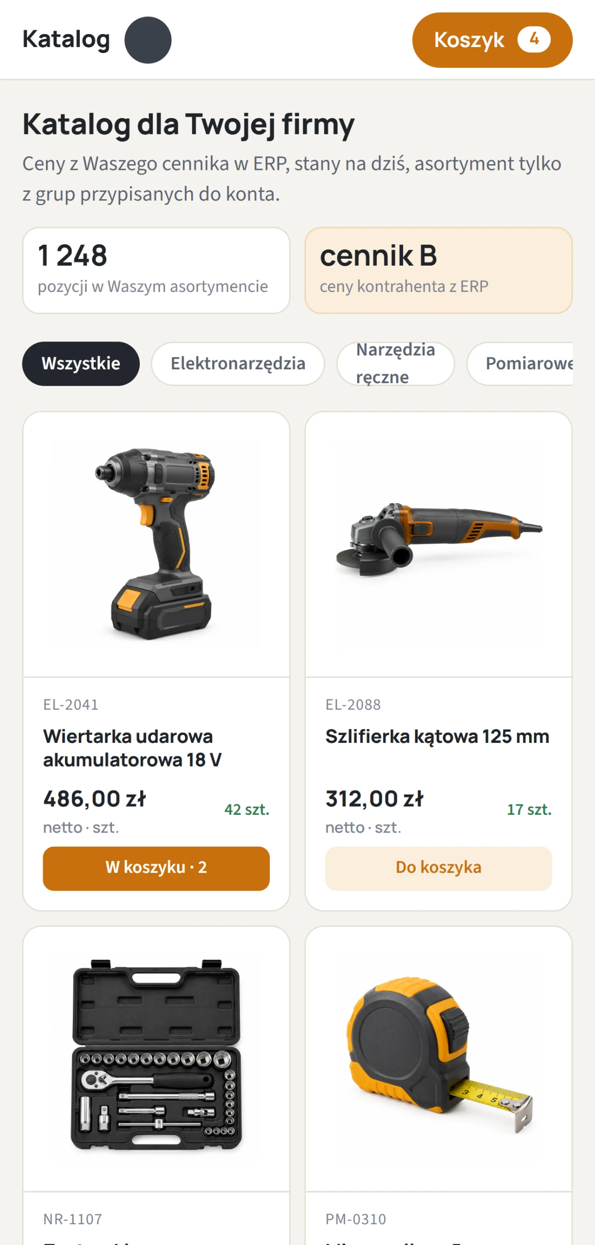 Platforma B2B na telefonie: katalog z kafelkami produktów, cenami kontrahenta i przyciskiem do koszyka.