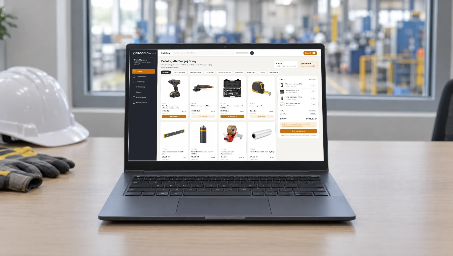 A laptop with the B2B platform catalogue: tiles of workshop products with customer-specific prices.