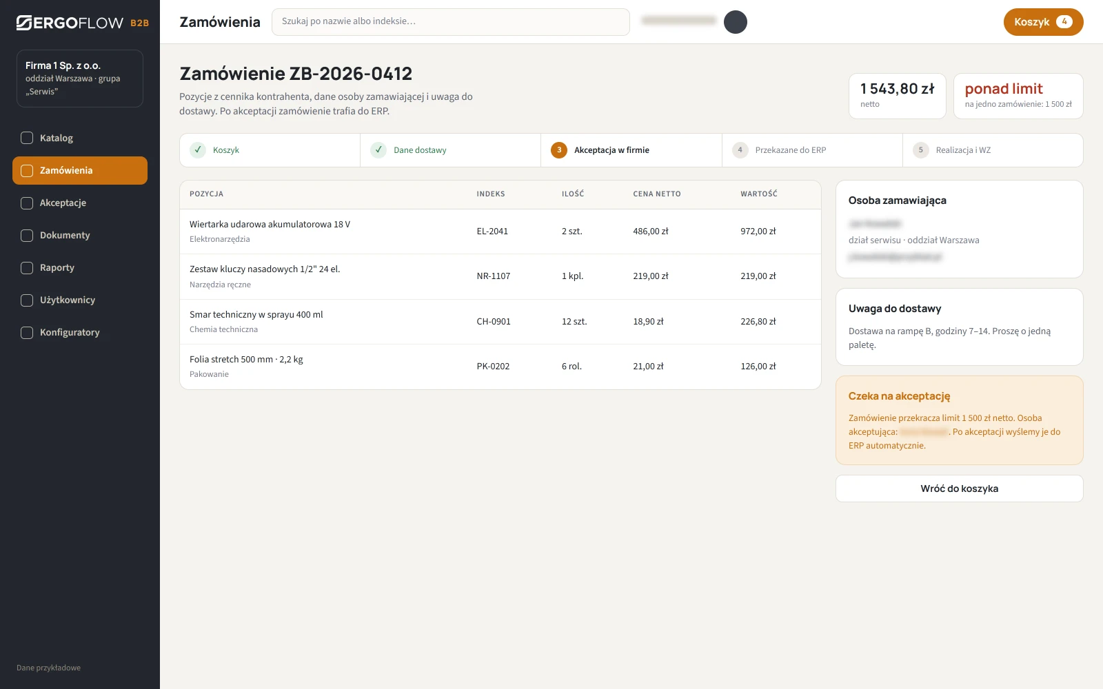 Platforma B2B: zamówienie z pozycjami, cenami kontrahenta, adresem dostawy i historią statusów od złożenia przez akceptację do wysyłki.
