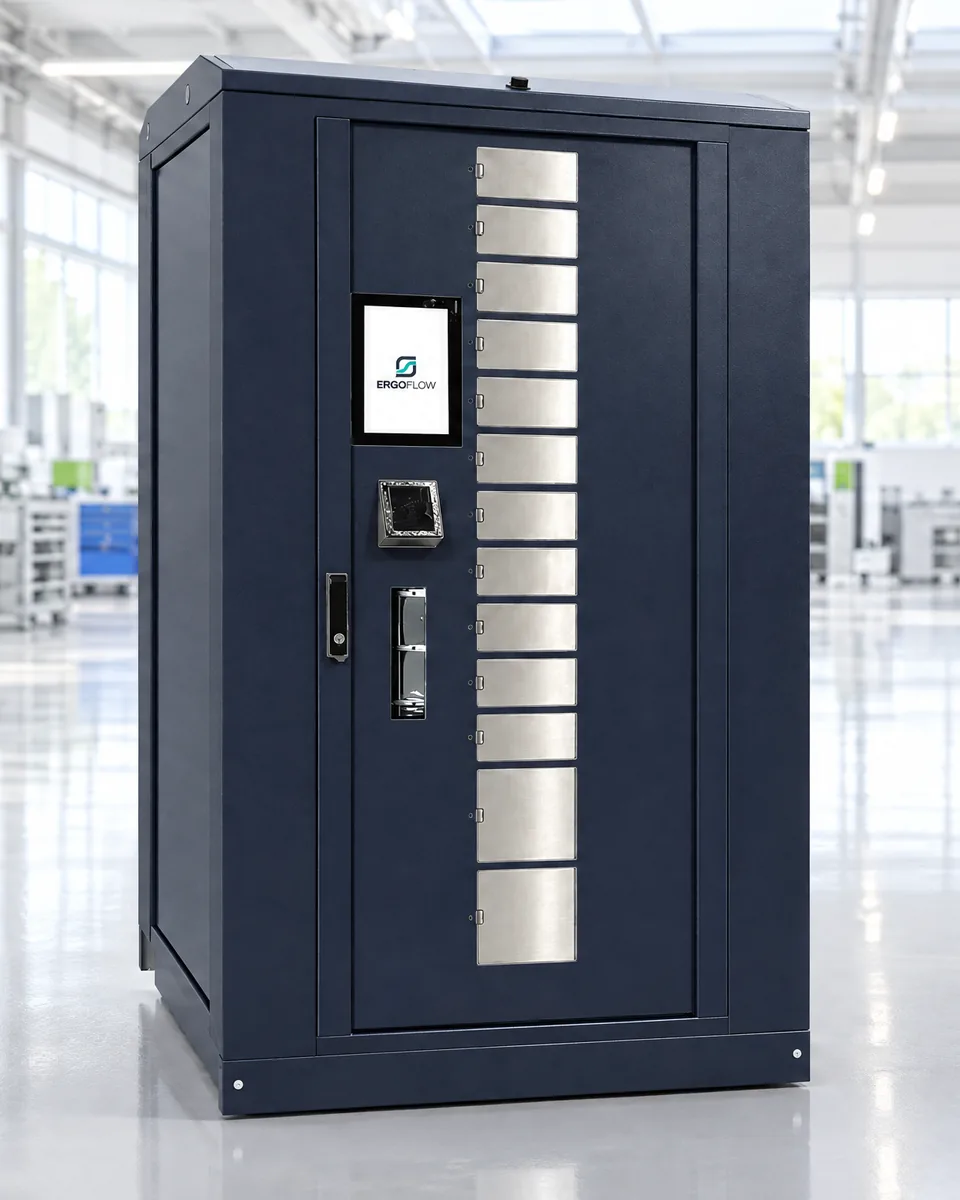 Automat bębnowy DynaBox z ekranem kiosku SmartBox i czytnikiem kart w jasnej hali produkcyjnej.