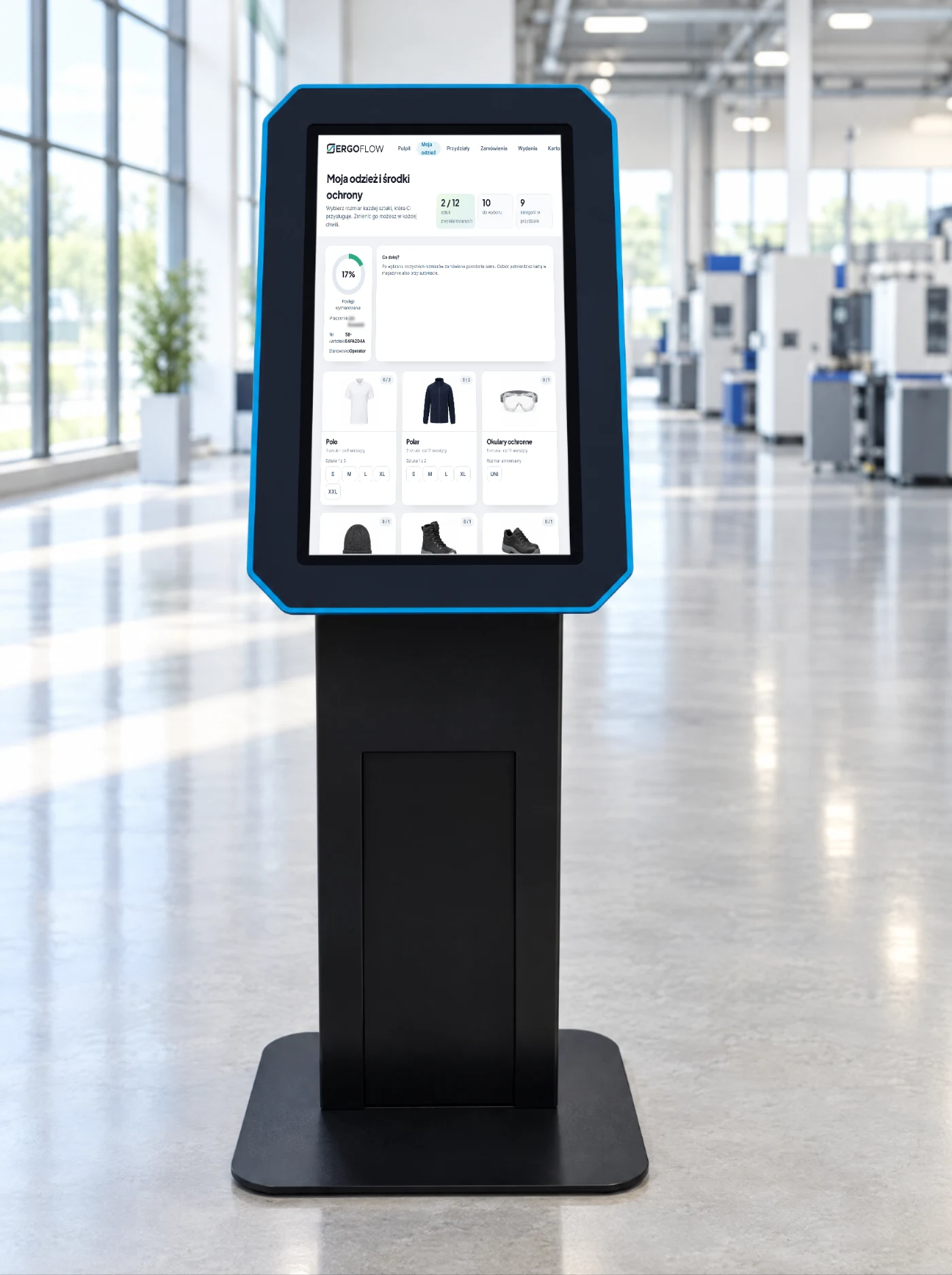 Kiosk w hali, na ekranie wymiarowanie odzieży z kaflami kategorii.