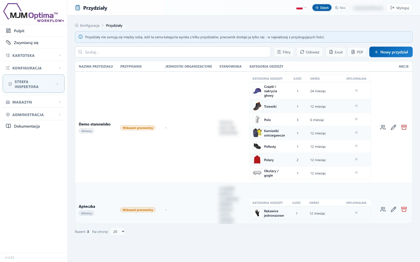 Zrzut z Workflow+: lista przydziałów z kategoriami odzieży, ilością i okresem.