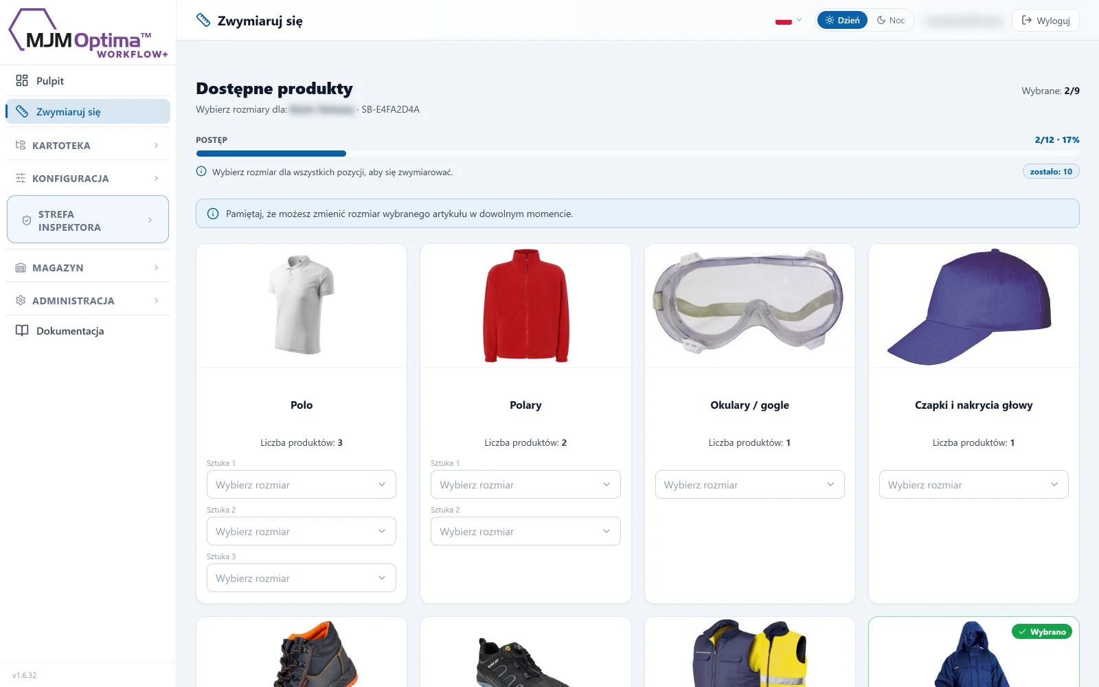 Zrzut z Workflow+: ekran „Zwymiaruj się" z kaflami kategorii odzieży i postępem 2/2.