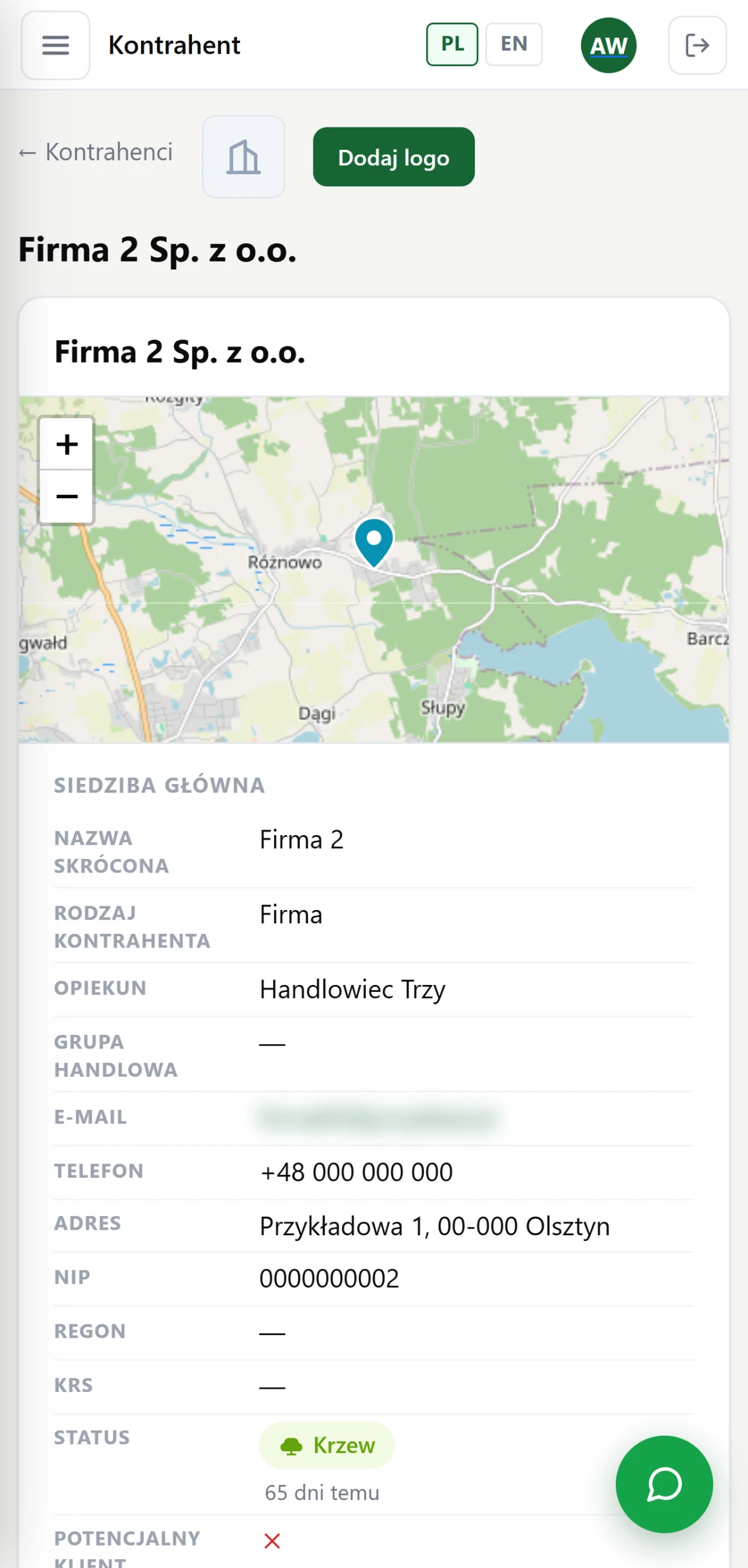 SeedRM: karta kontrahenta na telefonie — mapa siedziby, dane firmy, opiekun, status kontaktu.