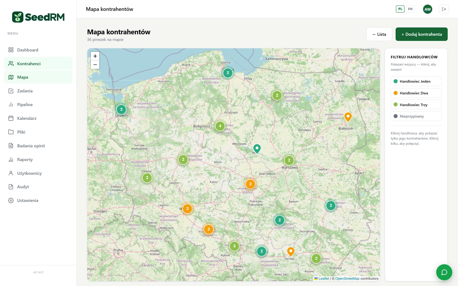 SeedRM: mapa Polski z klastrami kontrahentów w kolorach trzech handlowców i filtrem po handlowcu.