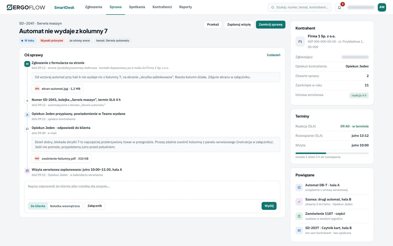 SmartDesk: karta sprawy z osią zdarzeń od zgłoszenia z formularza, przez przypisanie opiekuna i powiadomienie w Teams, po odpowiedź do klienta i zaplanowaną wizytę; obok kontrahent, terminy SLA i powiązane sprawy.