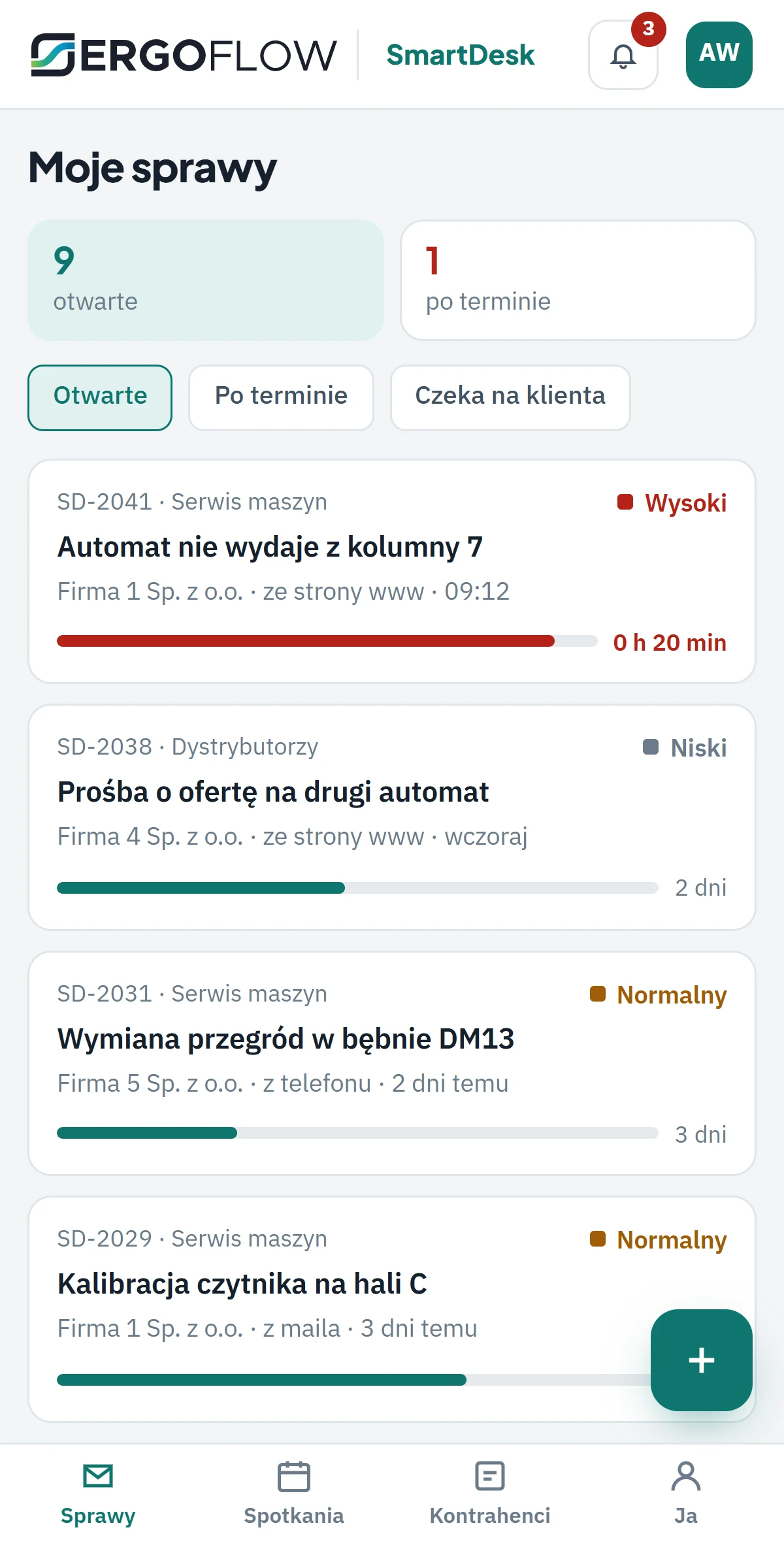 SmartDesk na telefonie: lista moich spraw z numerem, kolejką, priorytetem, kontrahentem i paskiem terminu.