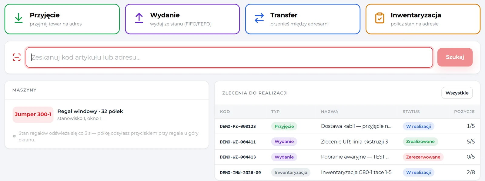 SmartStock, workstation screen: four large buttons Receipt, Issue, Transfer, Stock count, a scanner field, the VLM with the workstation status and a list of orders to execute.
